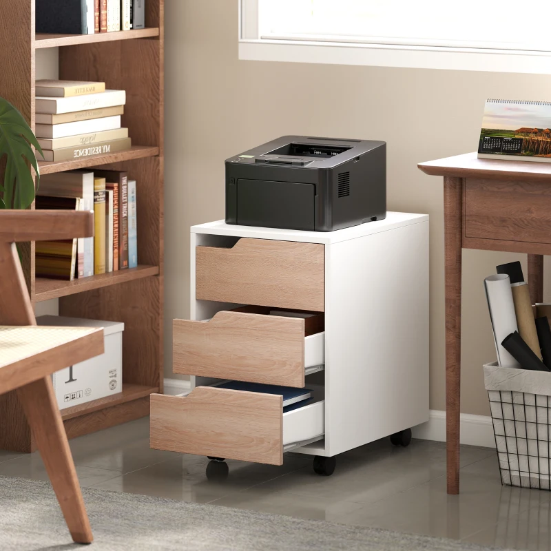 HOMCOM Caisson bureau mobile, meuble rangement bureau sur roulettes, 3 tiroirs, 40x50x57,5cm, blanc et chêne