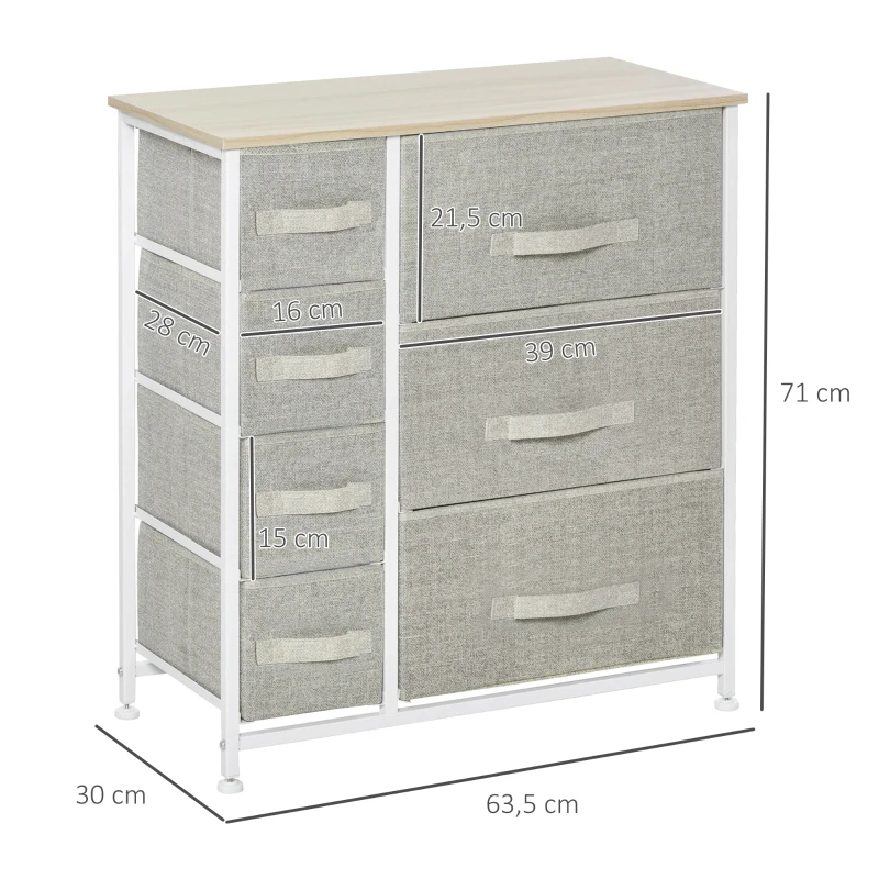 HOMCOM Cômoda, aparador, 7 gavetas de tecido dobráveis, estrutura metálica, 63,5 x 30 x 71 cm, Cinza claro
