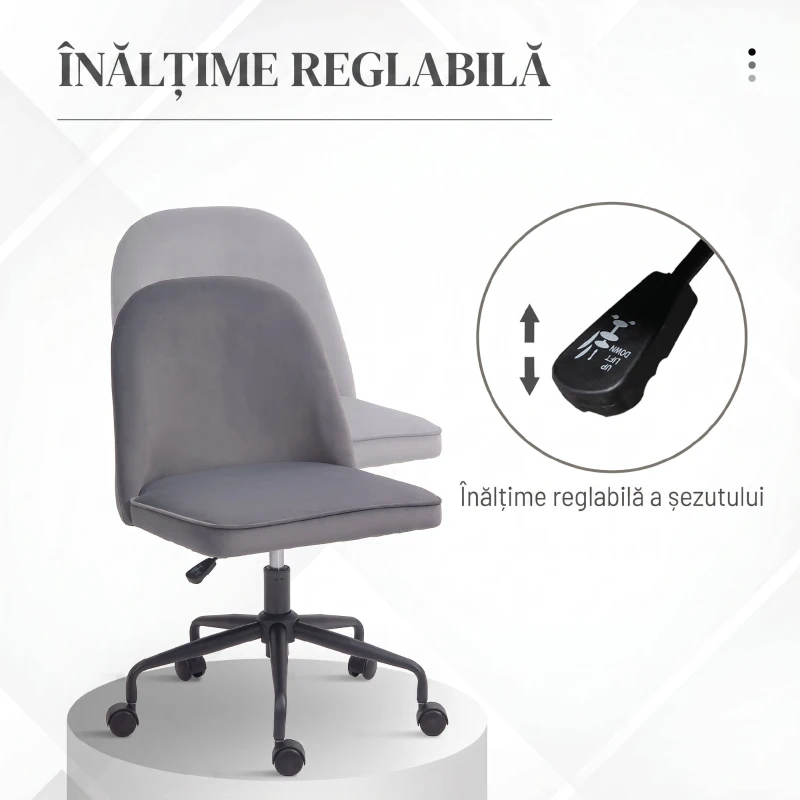 HOMCOM Scaun de birou reglabil pe înălțime cu funcție de balansare, tapițerie din material catifelat, gri