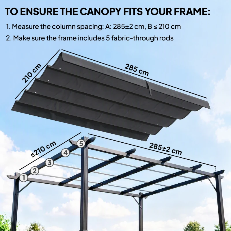 Outsunny Pergola Cover Roof, 2.86 x 2.45 m Retractable Sun Shade Top for 3 x 2m Pergola, UV30+ Protected, Dark Grey