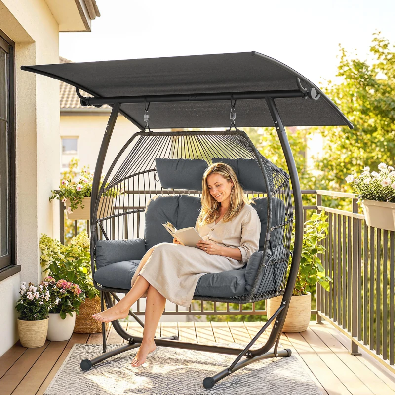 Outsunny Double Hanging Egg Chair with Canopy, Rattan Garden Egg Swing Chair with Cushion, Stand for Indoor Outdoor, Dark Grey