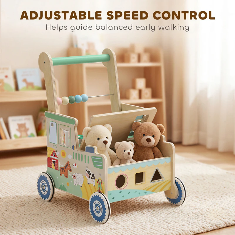 AIYAPLAY Wooden Baby Walker for 1-3 Year, Montessori Inspired Push Along Walker Toys, Multifunctional Activity Centre