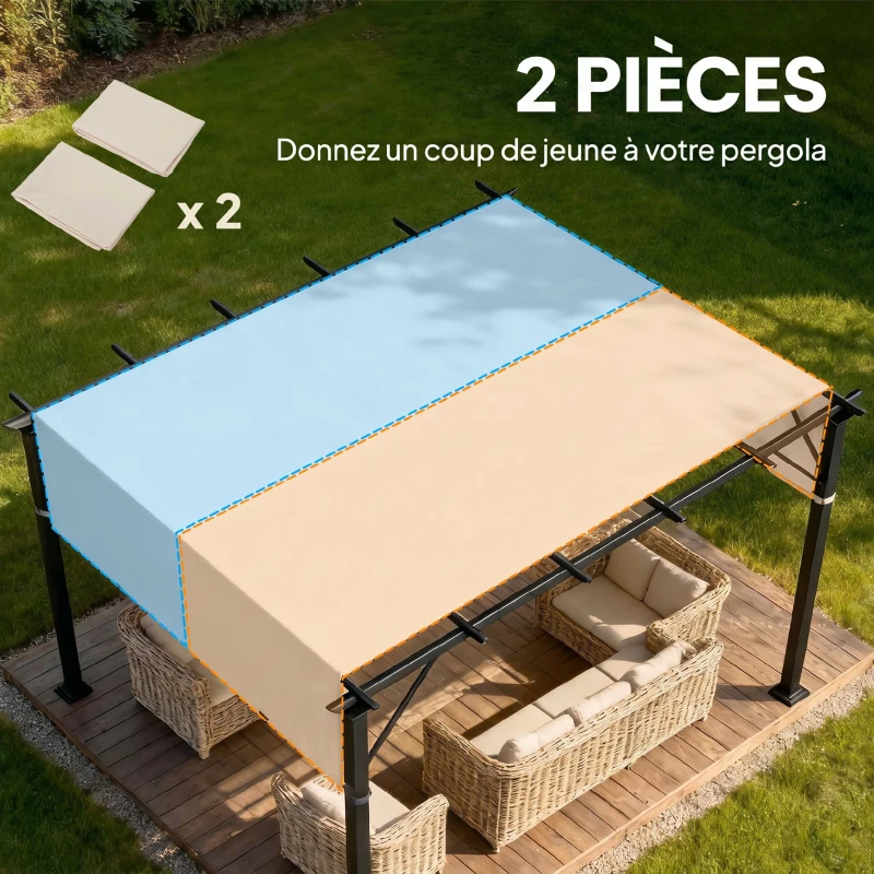 Outsunny Lot de 2 toiles de rechange pergola rétractable 4,9 x 1,2 m pour pergola de 3 x 3 m polyester protection UV kaki clair
