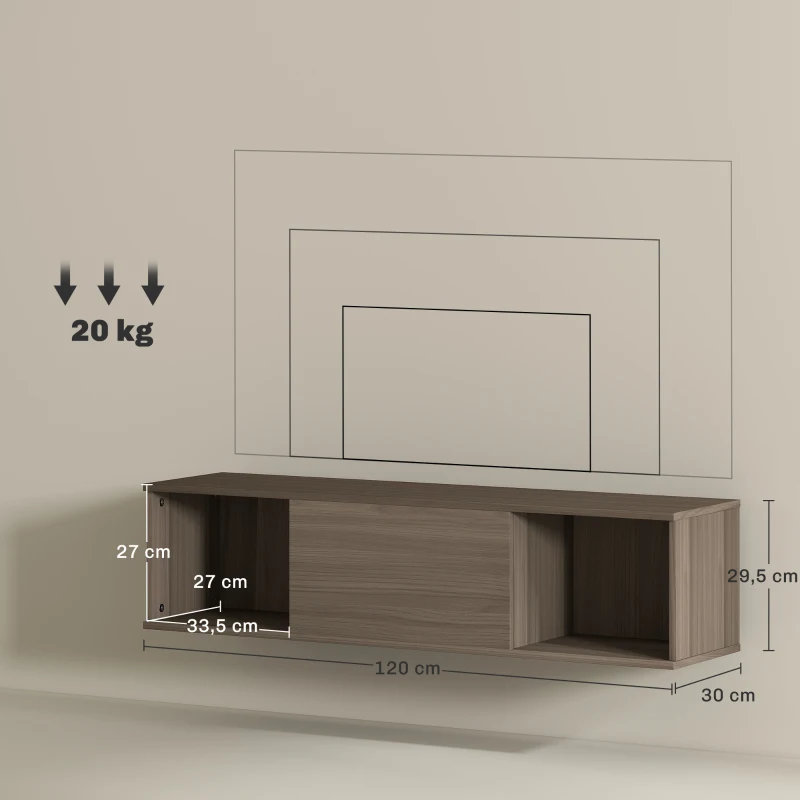 HOMCOM Armario de Pared Mueble de TV Colgante con 2 Compartimentos Abiertos y Puerta Abatible 120x30x29,5 cm Marrón