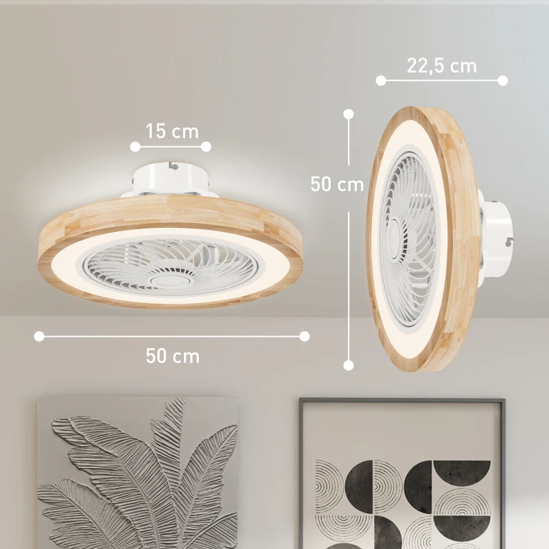 HOMCOM Ventilateur de plafond réversible avec lumière et télécommande 6 vitesses, minuterie, luminosité réglable, bois naturel