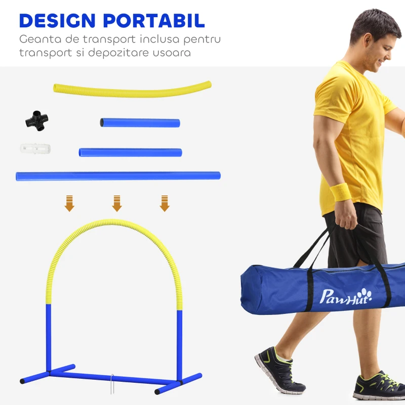 PawHut Set Agility pentru câini cu 4 arcade modulare și geantă de transport, 88x64x95 cm, Albastru și Galben
