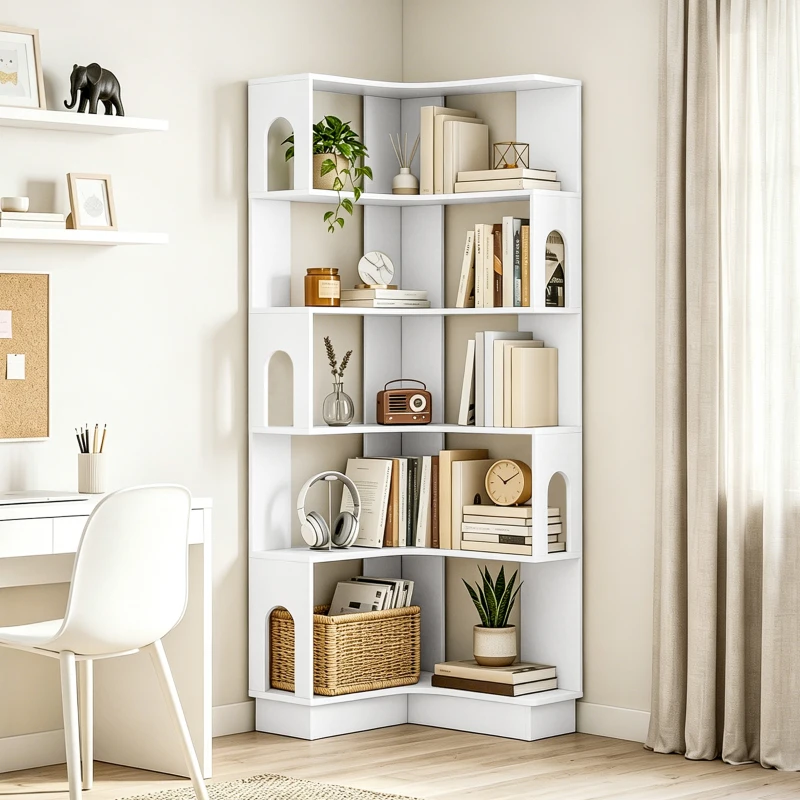 HOMCOM Bibliothèque d'angle, étagère de rangement à 6 niveaux avec panneaux latéraux arqués, 60 x 60 x 165,5 cm, blanc