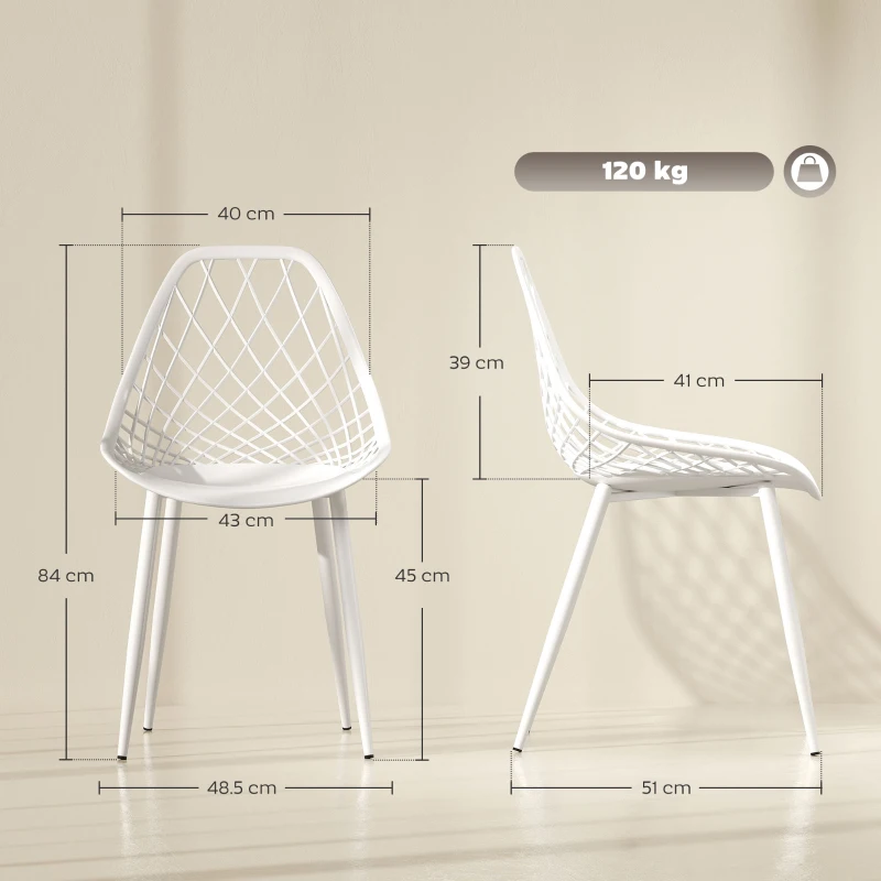 HOMCOM Set 4 scaune de masă moderne cu spătar perforat din plastic și picioare din metal, alb