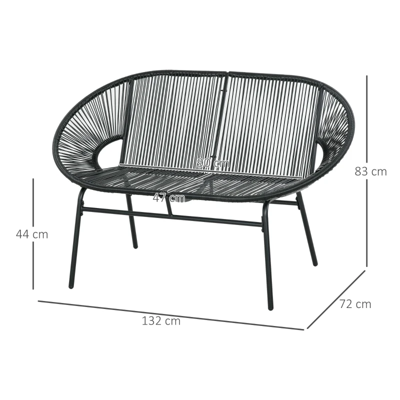 Outsunny Divano da Giardino 2 Posti in Rattan PE e Acciaio con Cuscini e Braccioli, 132x72x83 cm, Nero