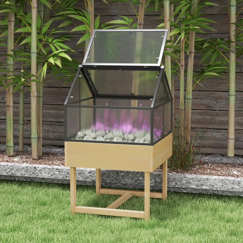 Outsunny Mini Serre sur Pieds dim.  60L x 57l x 103H cm double toit ouvrable Panneaux de Polycarbonate, acier, Bois Sapin traité