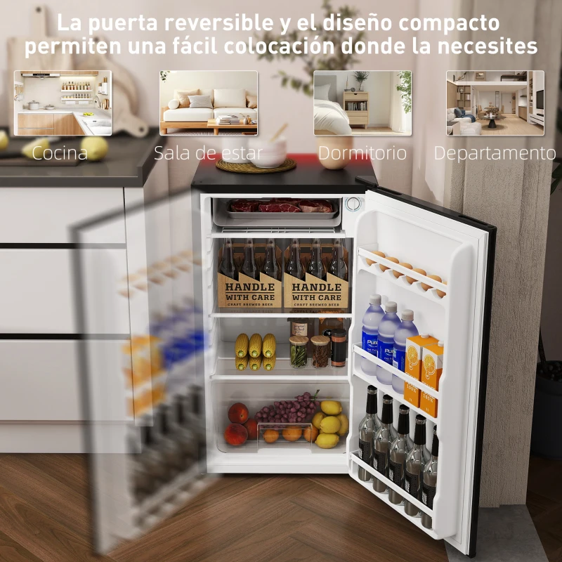 HOMCOM Nevera Pequeña con Congelador 91L Silenciosa Puerta Reversible Temperatura Regulable y Estantes Ajustables Negro