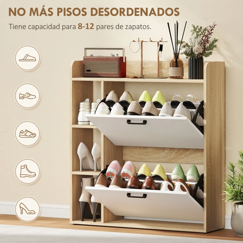HOMCOM Zapatero Estrecho con 2 Puertas 3 Estantes Laterales y Estantes Ajustables para 15 Pares de Zapatos Natural y Blanco