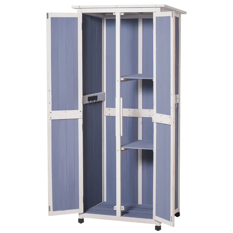 Outsunny Outdoor Garden Shed Wooden Garden Cabinet 3-Tier Double-door Storage Shed 2 Shelves Organizer with Handle Hooks Magnetic Latch Foot Pad 77 x 58 x 175cm Blue
