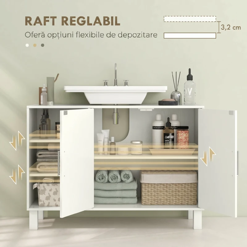 HOMCOM Dulap pentru Lavoar Baie cu 2 Uși, Rafturi Deschise, Rafturi Reglabile, pentru Lavoare fără Piedestal, 90x30x63 cm, Crem