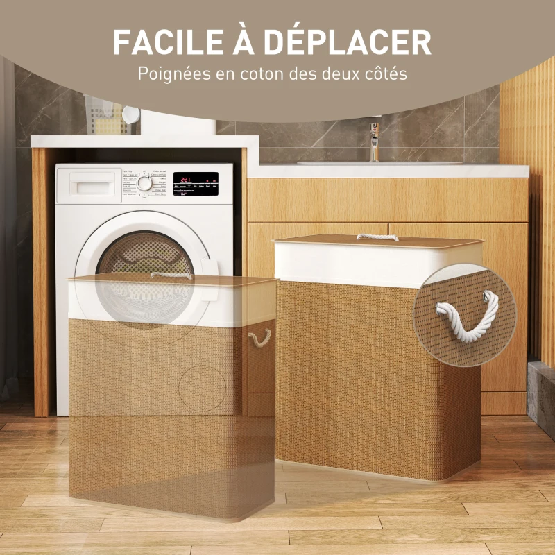 HOMCOM Panier à linge double avec couvercle, panier à linge en bambou 100 L avec poignées en corde