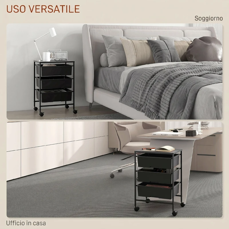 HOMCOM Carrello Multiuso con 3 Cestini Estraibili e Ruote per Cucina e Ufficio in Acciaio e PP, Nero