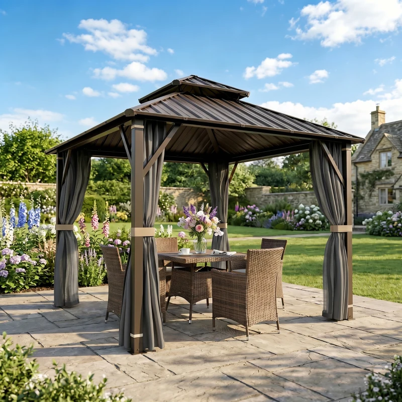 Outsunny 3 x 3(m) Hardtop Gazebo Canopy with Metal Roof, Waterproof Permanent Pavilion Garden Gazebo with Netting, Curtains, Grey