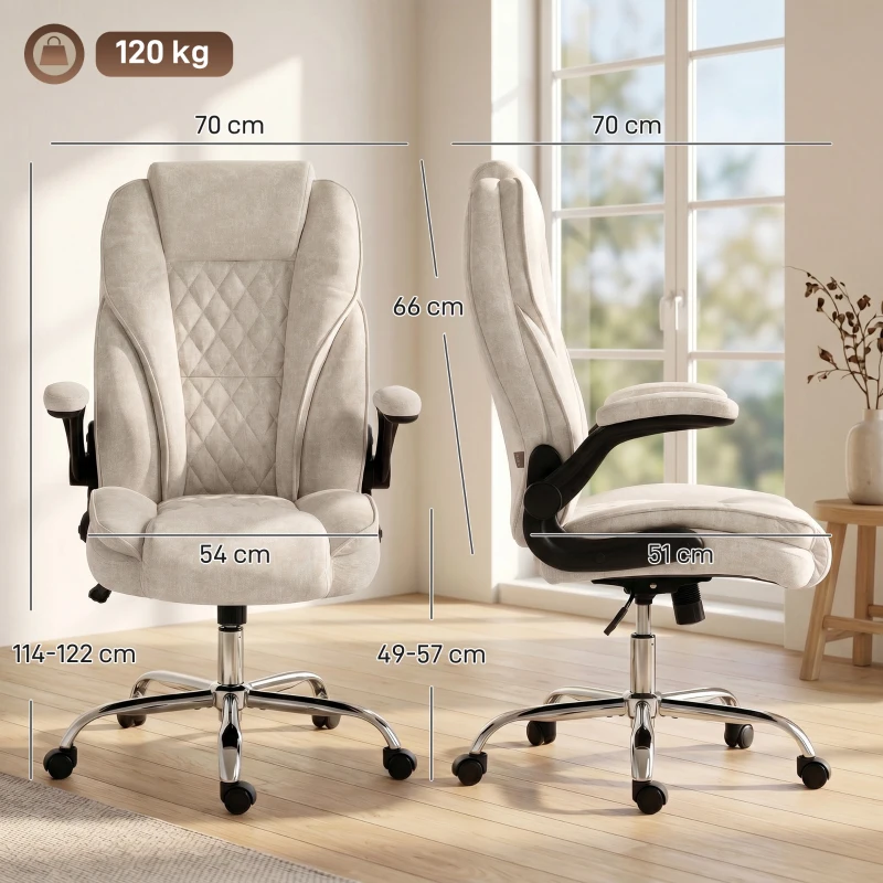 HOMCOM Fauteuil de bureau, chaise bureau ergonomique, hauteur réglable, accoudoirs relevables, 70 x 70 x 114-122 cm, beige