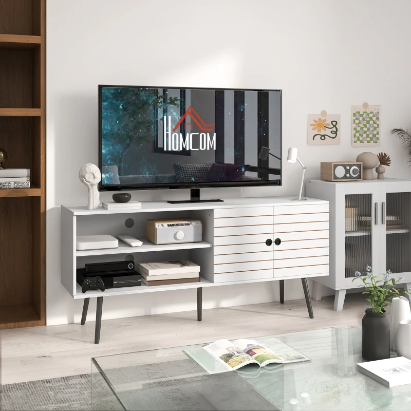 HOMCOM TV Stand with Cupboard, Open Shelves, Striped Doors, Wooden legs, White