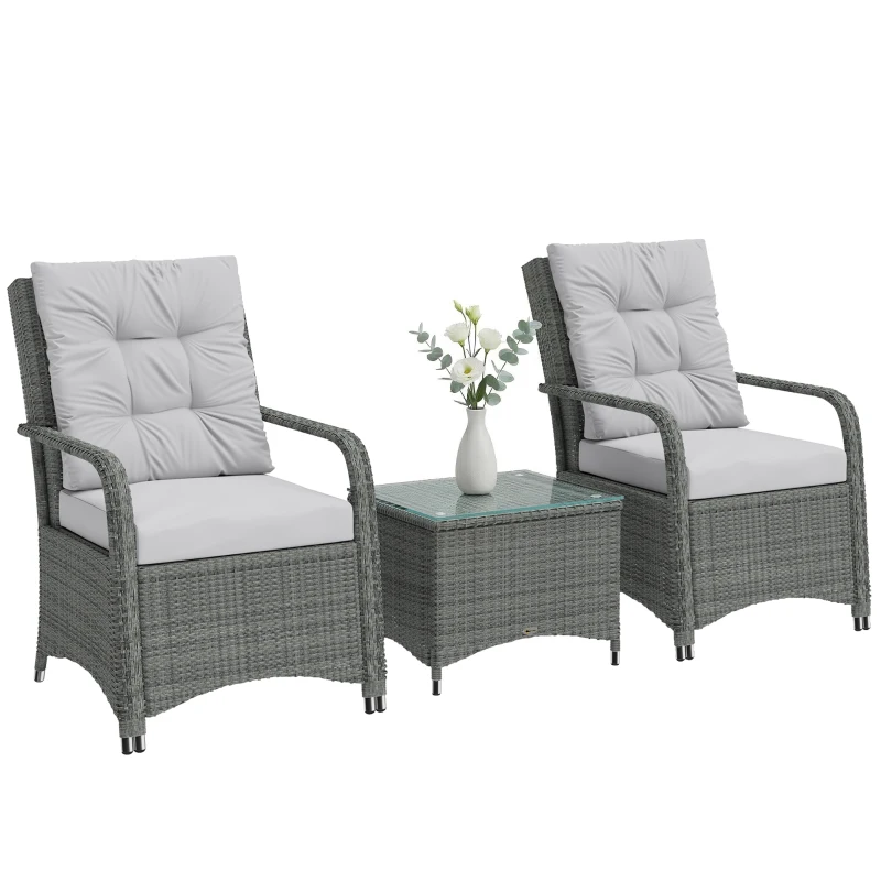 Outsunny 3 Pieces Rattan Bistro Set, Wicker Garden Furniture Set with Metal Frame, Cover, Glass Top Coffee Table, Light Grey