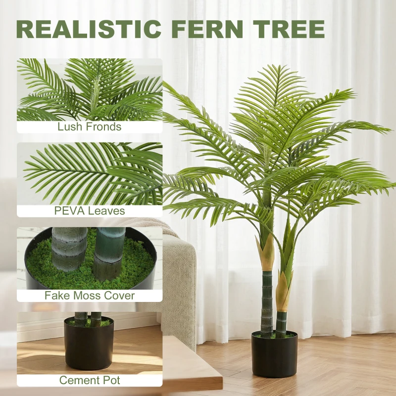 HOMCOM Artificial Palm Tree with 14 PEVA Leaves, 120cm Decorative Artificial Plant with Pot and Moss Effect, Green