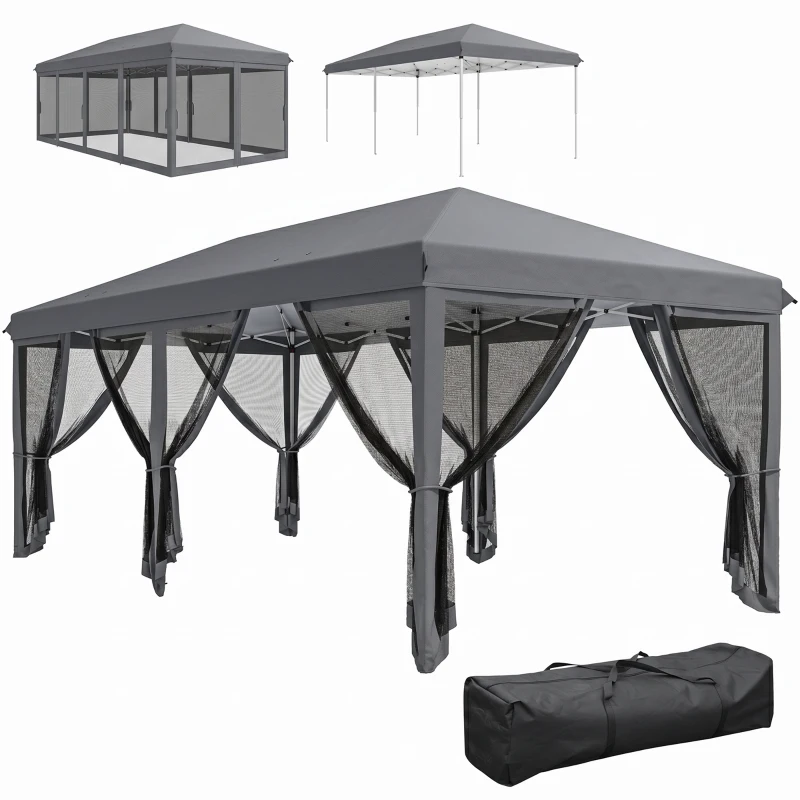 Outsunny 6 x 3m Pop Up Gazebo - Outdoor Canopy Shelter, Marquee Party Wedding Tent with 6 Mesh Walls and Carry Bag, Grey