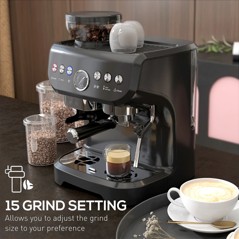 HOMCOM 15 Bar Coffee Machine with Adjustable Grind, Steamer and Accessories, Good Housekeeping Institute Approved, Black