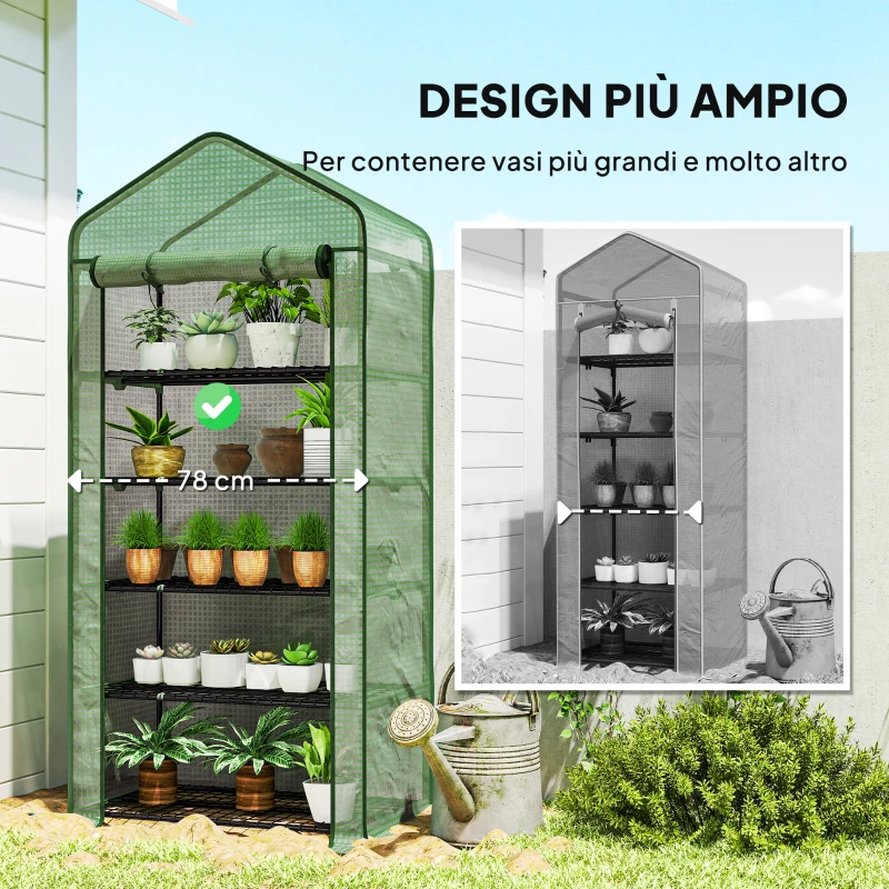 Outsunny Serra a Casetta a 5 Livelli con Ingresso Avvolgibile, in Acciaio e Polietilene, 90x49x193 cm, Verde