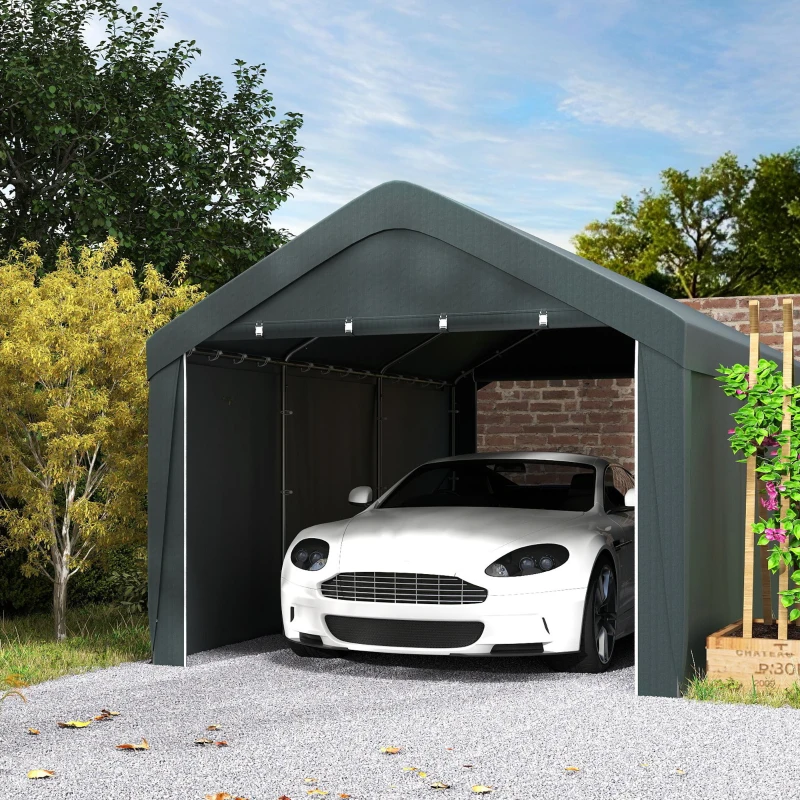 Outsunny Carport tente de garage 3 x 6 m, abri voiture extérieur, parois latérales amovibles, 2 portes zippées enroulables, gris