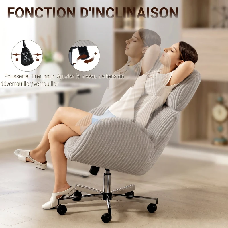 HOMCOM Chaise bureau ergonomique en velours, fauteuil de bureau avec dossier haut, appui-tête réglable et accoudoirs, gris
