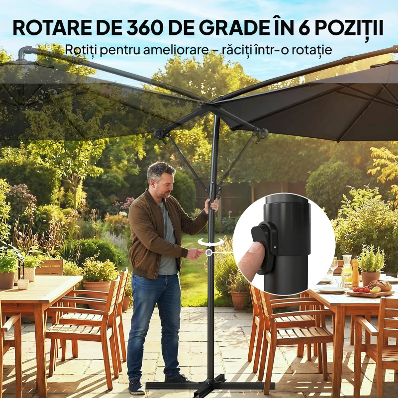 Outsunny Umbrelă suspendată 3x3 m cu baldachin reglabil, bază încrucișată și ventilație, din metal și poliester, neagră