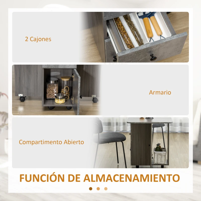 HOMCOM Mesa Plegable de Comedor con Ruedas Alas Abatibles 2 Cajones y Armario Hasta 6 Personas 120x60x76,5 cm Gris