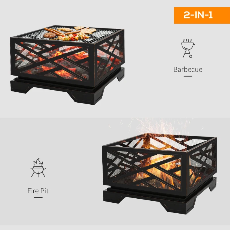 Outsunny Metal Firepit Outdoor 2 in 1 Square Fire Pit Brazier w/ Grill Shelf, Lid, Poker for Backyard, Camping, BBQ, Bonfire, Wood Burning Stove, 66 x 66 x 66cm, Black