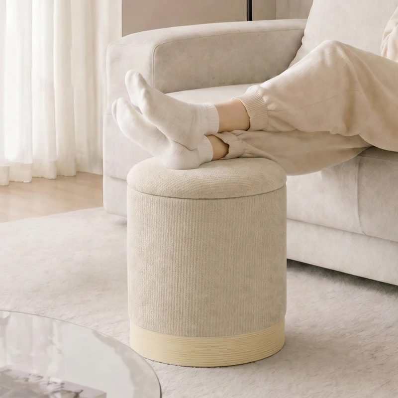 HOMCOM Pouf coffre rangement, tabouret rond en chenille, pouf repose-pieds avec base en métal effet bois, beige