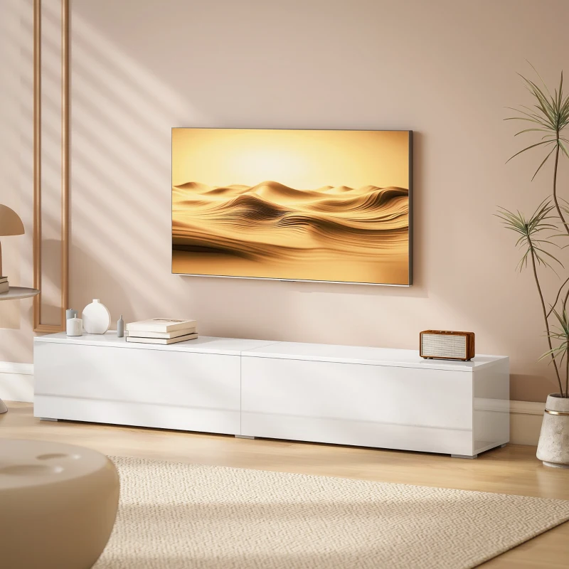 HOMCOM Dulap TV suspendat până la 75" cu uși cu deschidere prin apăsare, 180x33x30 cm, alb lucios