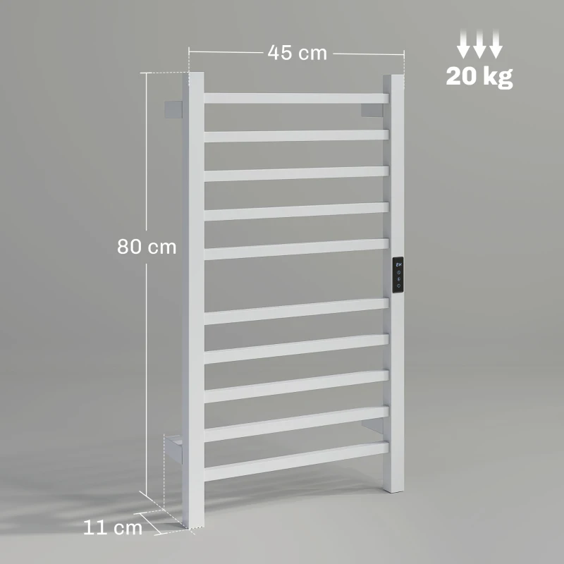 HOMCOM Scaldasalviette Elettrico Smart a 10 Barre con Timer e Display LCD, in Acciaio Inox, 45x11x80 cm, Bianco