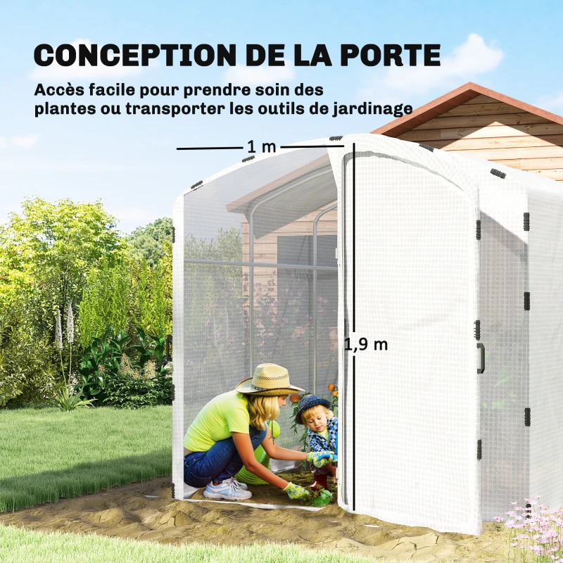 Outsunny Serre tunnel de jardin 6m², serre de jardin tunnel 300x200x195cm bâche PE 220g/m² bords prolongés 50 cm avec porte blanc
