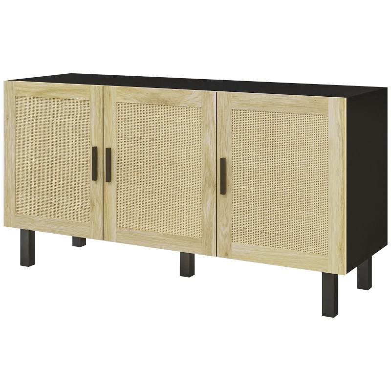 HOMCOM Móvel de arrumação com armários de portas efeito cannage, prateleiras ajustáveis, 136 x 41 x 70 cm, preto e madeira natural