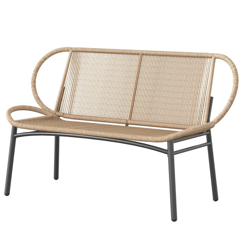 Outsunny Banc de jardin 2 places, banc d'extérieur en résine tressée avec cadre en métal, résistant aux intempéries, naturel