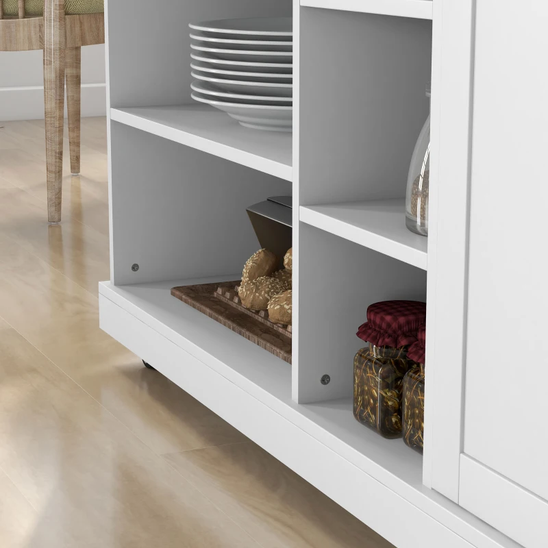 HOMCOM Carrinho ilha de cozinha com rodízios 7 compartimentos 1 armário 1 porta 1 suporte para panos 129 x 51 x 93 cm madeira e branco