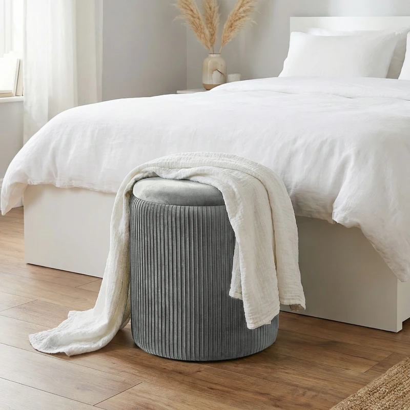 HOMCOM Storage Ottoman Modern Velvet Round Foot Stool for Living Room Bedroom 45 cm Grey
