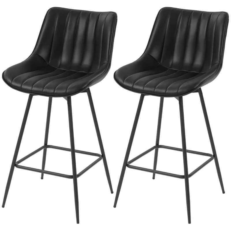 HOMCOM Juego de 2 Taburetes de Bar, Sillas de Bar Giratorio 360° Tapizado en Cuero Sintético con Respaldo y Reposapiés Negro