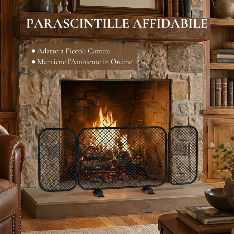 HOMCOM Parascintille Camino Pieghevole a 3 Pannelli in Metallo con Base Rimovibile, 90x16x40 cm, Nero