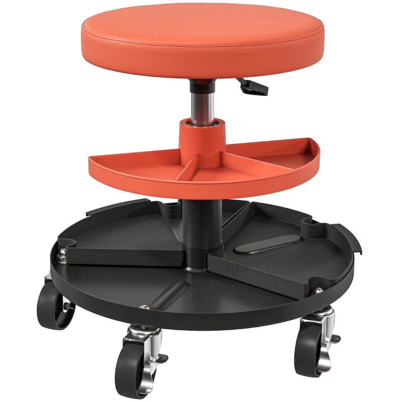HOMCOM Taburet de Atelier cu Roți Ø6 cm, Capacitate până la 135 kg, Înălțime Reglabilă 40-51 cm, cu Tăvi pentru Unelte, Portocaliu