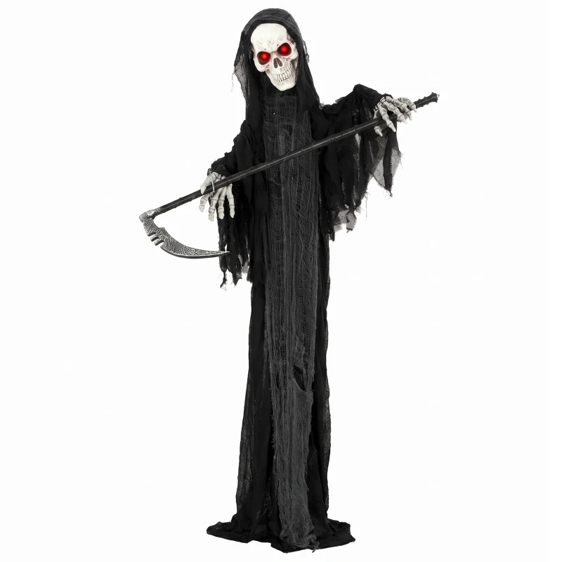 HOMCOM 183cm Life Size Animated Grim Reaper Halloween Decoration, Scary Halloween Animatronics Decor with Sound Touch Activated