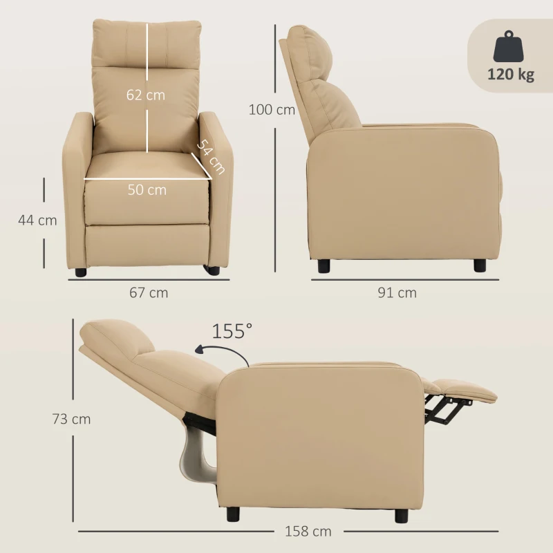 HOMCOM Sillón Relax Reclinable de PU con Reposapiés y Respaldo Regulable por Empuje Beige