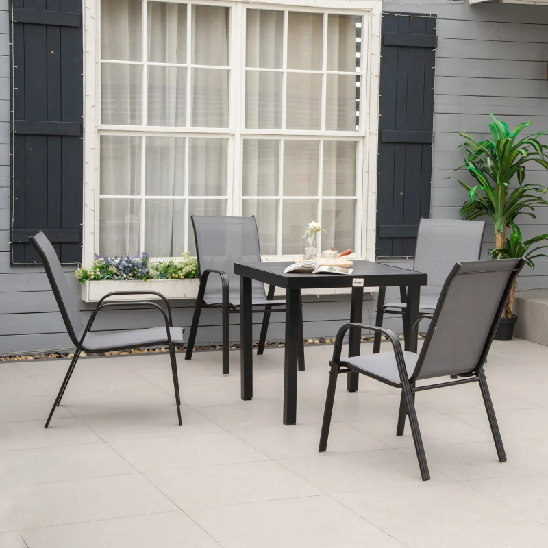 Outsunny 4-Piece Garden Chairs Set - Stackable Outdoor Chairs with High Backrest and Armrests, Breathable Mesh Fabric Dining Chair Set of 4, Dark Grey