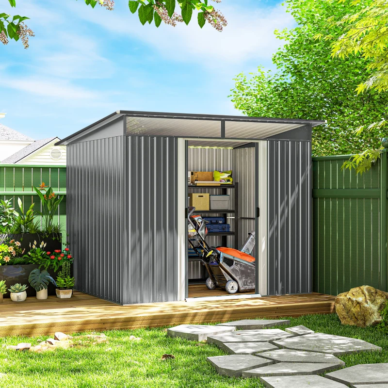 Outsunny 9ft x 6.5ft Garden Storage Shed with Top Window, Metal Outdoor Shed Tool House with Double Doors, Light Grey