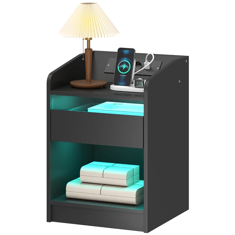 HOMCOM Mesita de Noche con Estación de Carga Luz LED RGB Cajón Estante Abierto Puertos USB y Control Remoto 40x40x58 Cm Negro