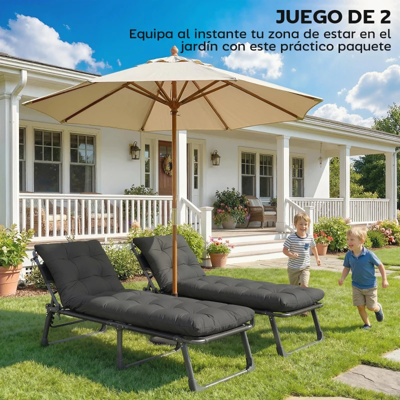 Outsunny Juego de 2 Cojines para Tumbonas 180x55 cm Cojines para Sillas de Jardín Gruesas UPF30+ con 4 Cintas Gris Oscuro